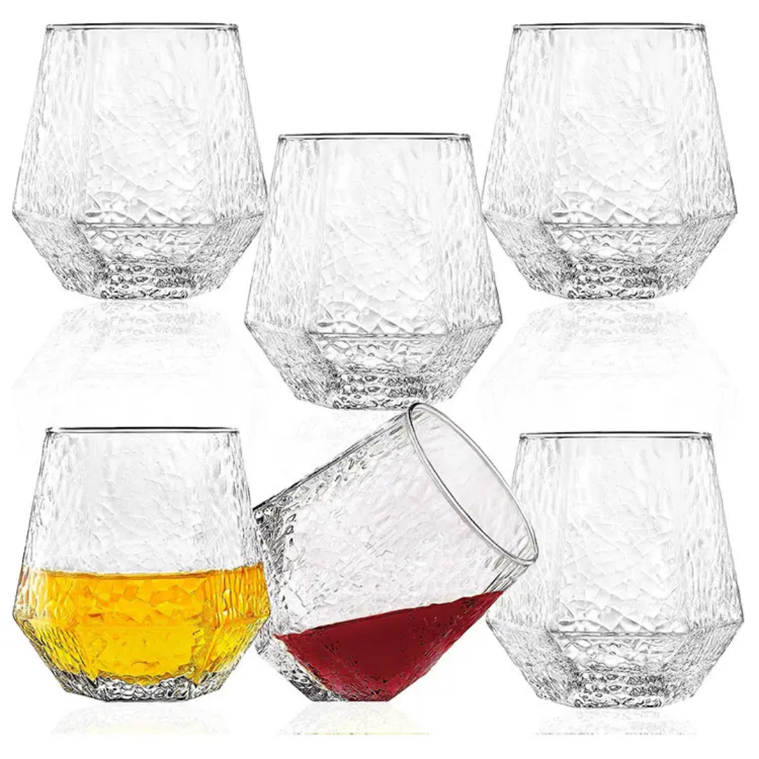 Set of 6PCS Hammered Diamond Whiskey Glasses with clear and colored drinks, premium glassware for kitchen and dining in Sri Lanka.