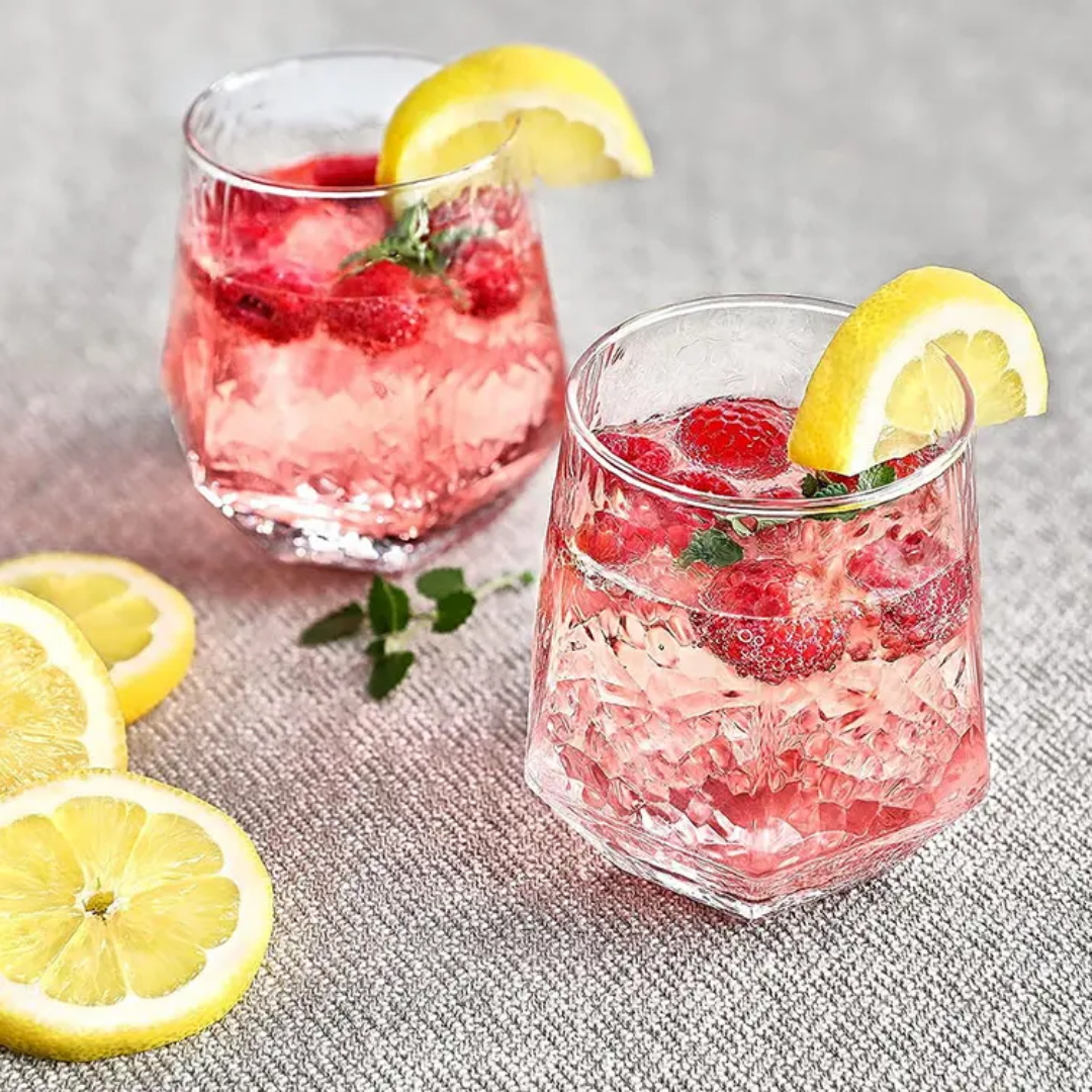 6PCS Hammered Diamond Whiskey Glasses filled with pink lemonade and lemon garnish, stylish tableware for home and garden use.