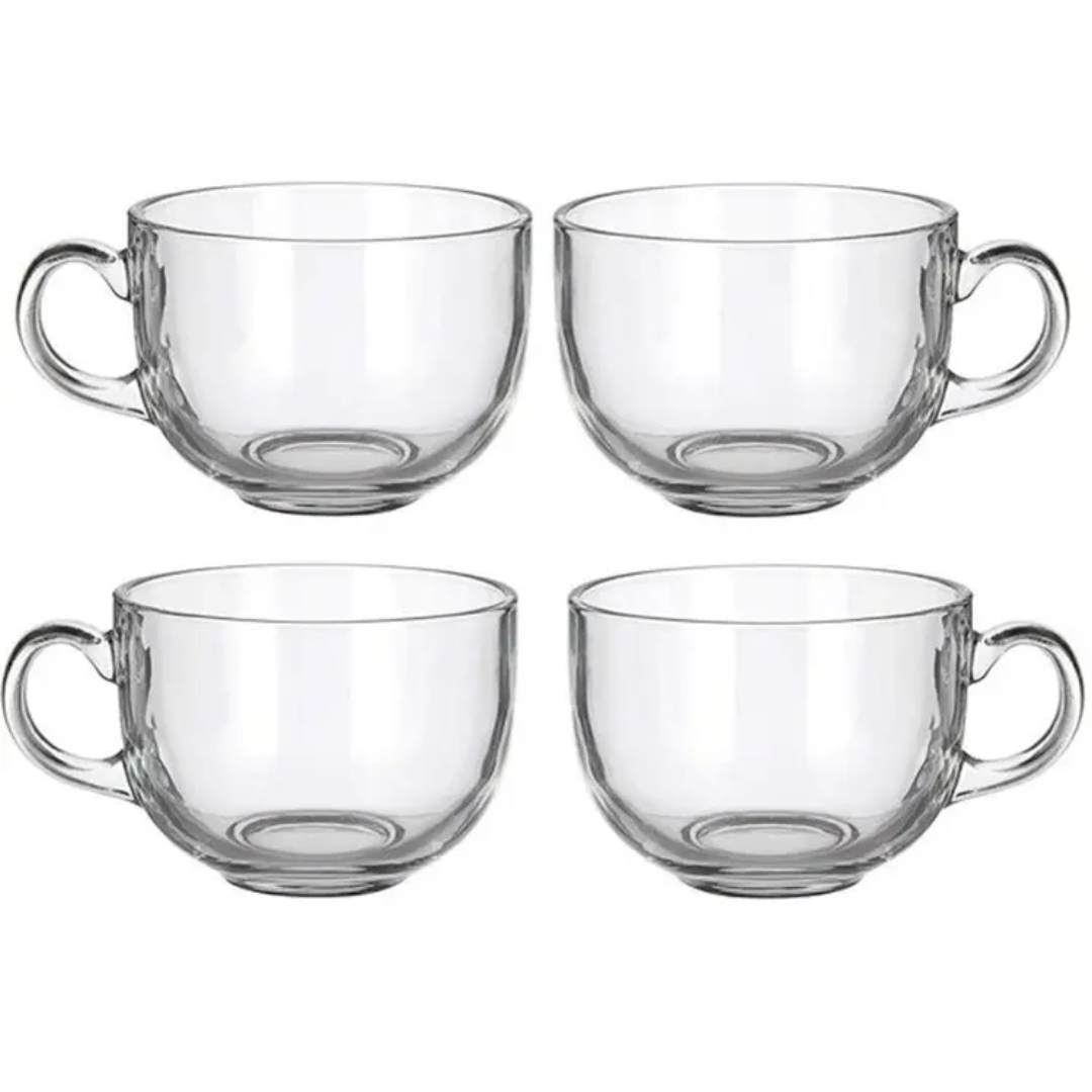Set of four transparent 150 ml tea cups with handles, part of the 6 PCS Glass Tea Cup Set for stylish tea serving from Bamagate.com