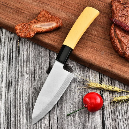 Stainless Steel Chef Knives 4.5 inch with wooden handle on rustic cutting board, ideal for precise carving and slicing in kitchen knife collections.