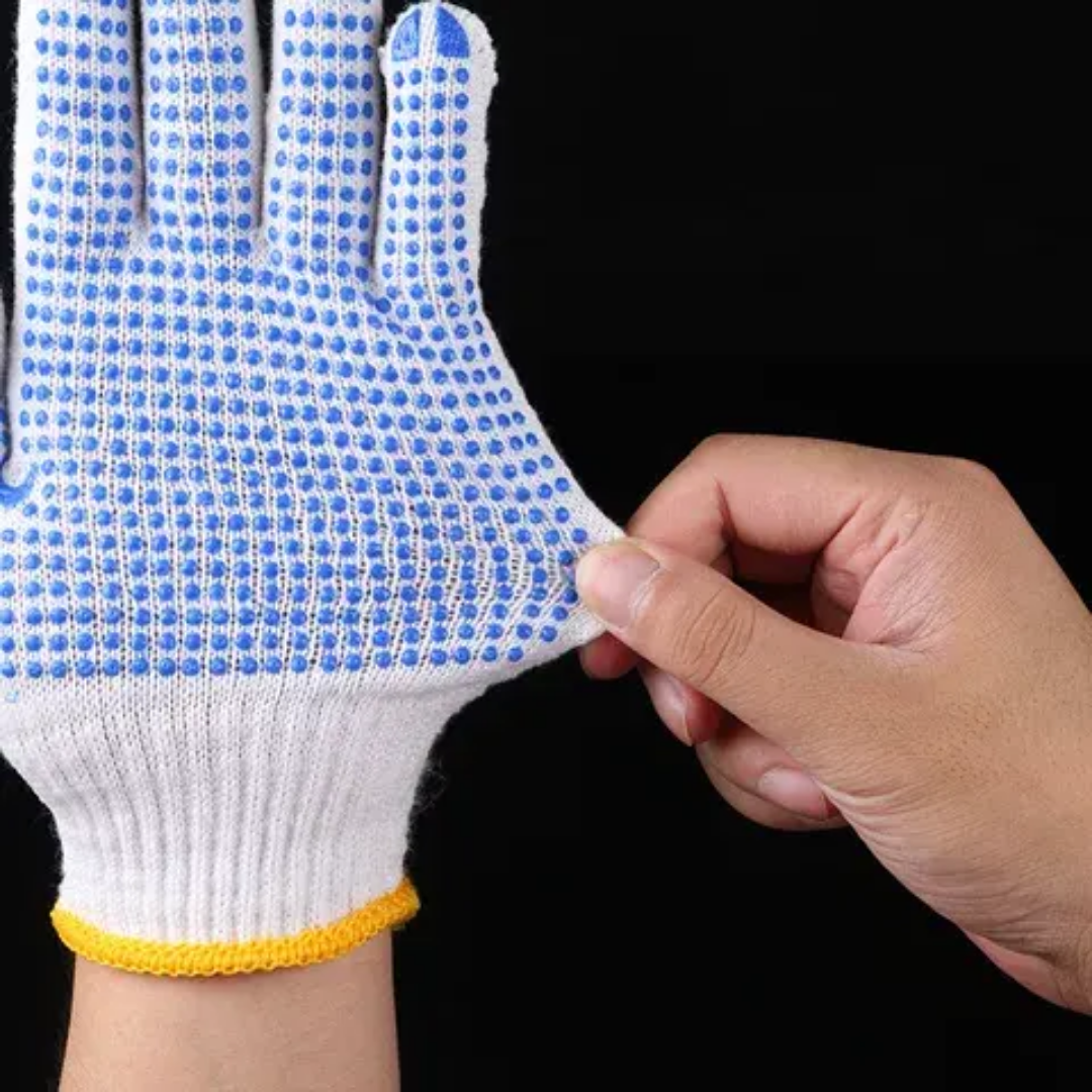 Close-up of Polka DOT Hand Gloves 1 Pair showing stretchable fit and blue grip dots, designed for comfort in gardening and cleaning work.