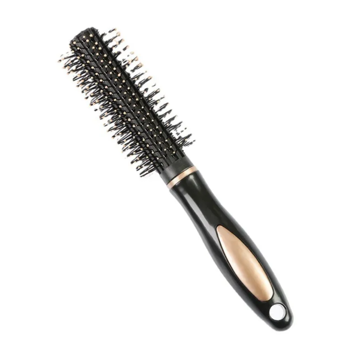 Roller Comb Hair Brush with black and gold handle, ideal for styling and detangling hair. Perfect for personal care and beauty routines.