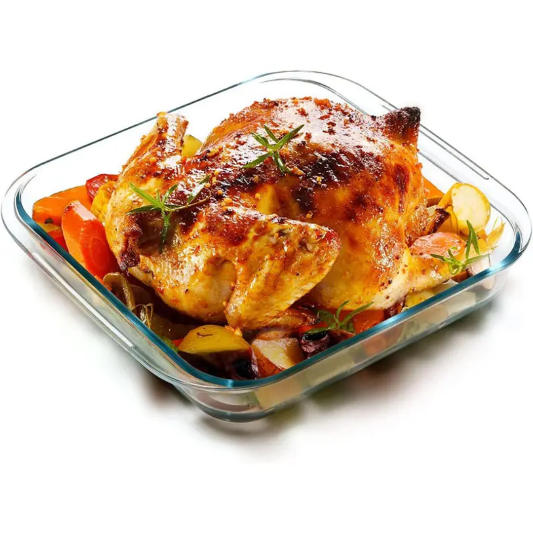 High Temperature Resistance Glass Baking Square Tray 1 L with roasted chicken and vegetables, ideal for oven use and even heat distribution.