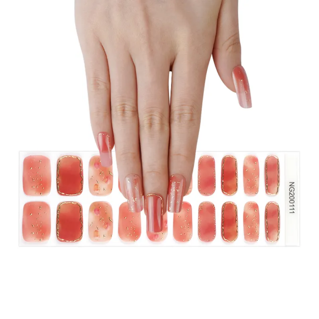 12PCS Long Short Square False Nails in glossy coral pink with gold accents, ideal for stylish nail care in Colombo.