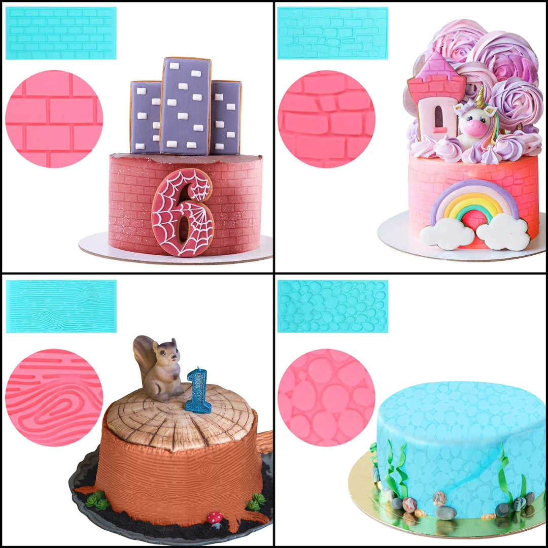 Embossing Fondant Molds - Cake Mold used on themed cakes with brick, wood, and pebble textures. Ideal for creative cake decorating with fondant patterns.