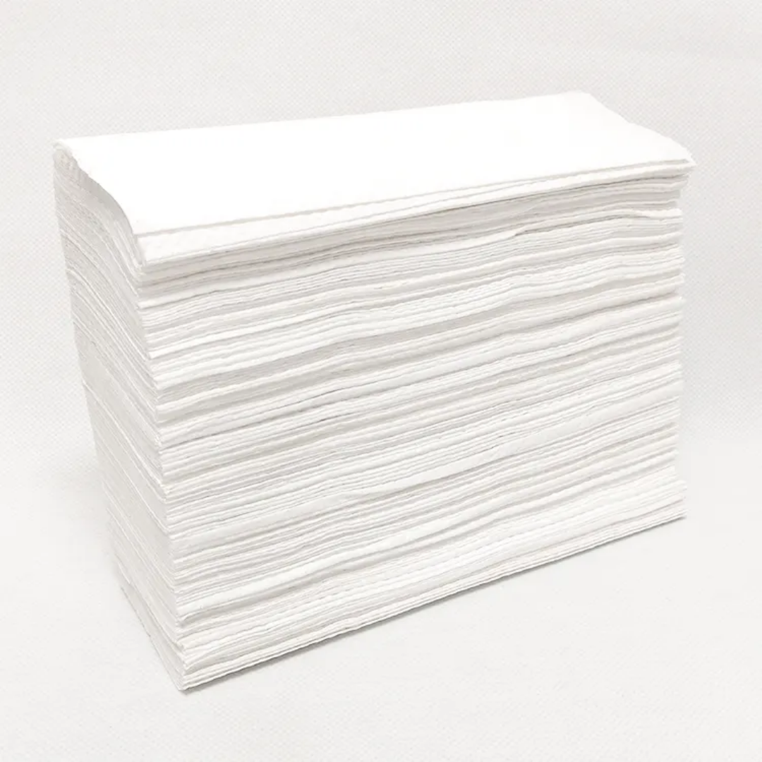 Multifold 1 PLY paper hand towels, 200 sheets stacked neatly for commercial or home use. Ideal for dispensers in restrooms or kitchens.