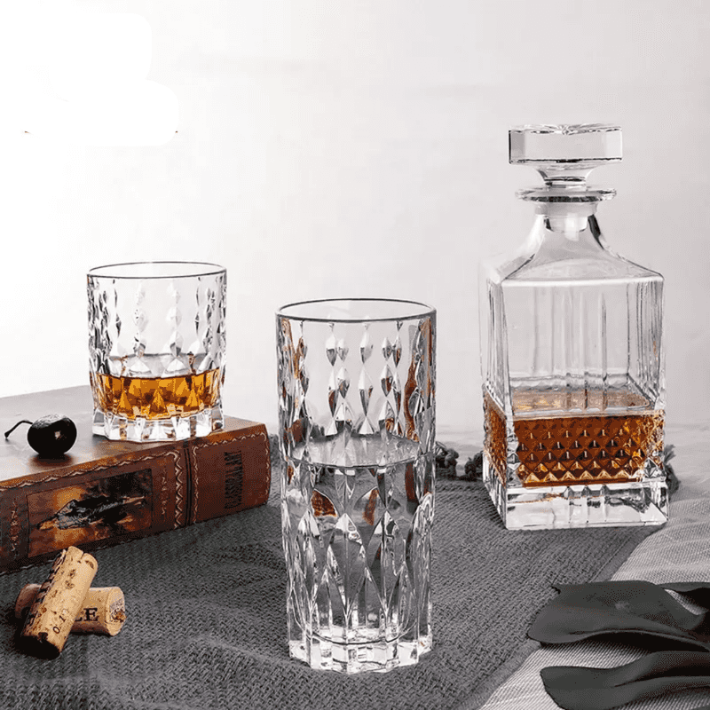 Clear Whisky Glasses 6PCs Set for Gift Price in Sri Lanka shown with tall and short glasses and a square decanter, ideal for elegant whisky serving.
