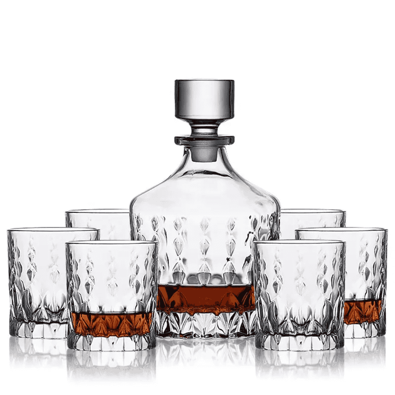 Clear Whisky Glasses 6PCs Set for Gift Price in Sri Lanka includes six patterned whiskey glasses and a matching decanter, perfect for gifting or home bars.