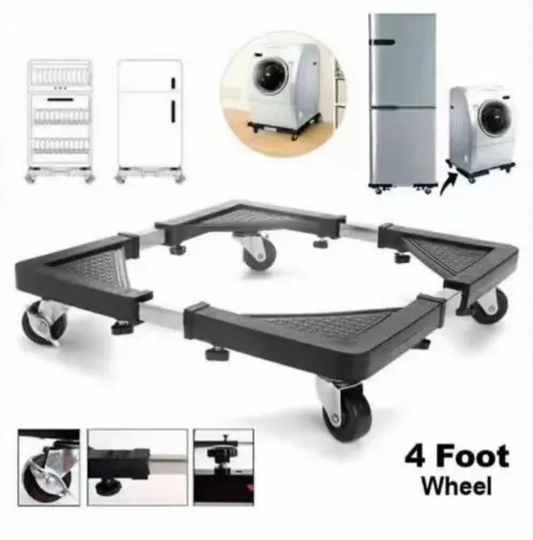 Fridge Wheel Stand for Easy Mobility shown with fridge and washer, featuring 4-foot wheels for smooth movement and floor protection.
