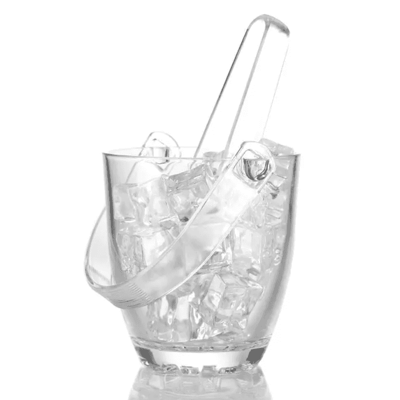 Glass Ice Bucket with Tong 700 ml filled with ice cubes, featuring a clear handle and tong for easy serving. Ideal for barware and entertaining.