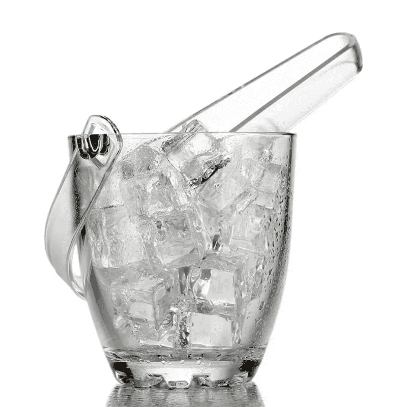 700 ml Glass Ice Bucket with Tong shown with ice cubes, sleek design perfect for kitchen and dining barware setups and home entertaining.