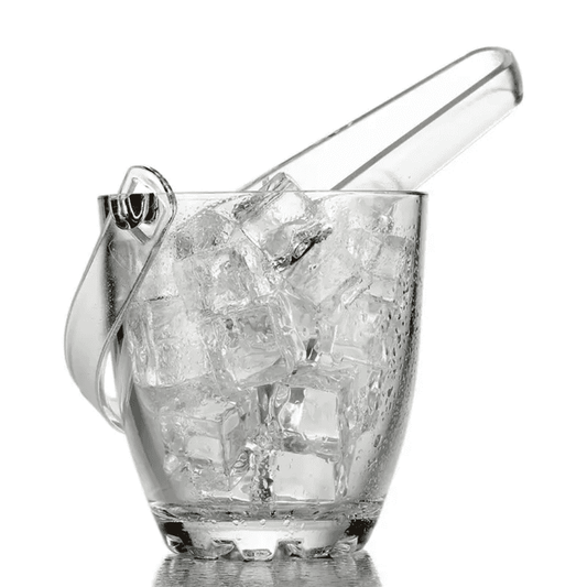700 ml Glass Ice Bucket with Tong shown with ice cubes, sleek design perfect for kitchen and dining barware setups and home entertaining.