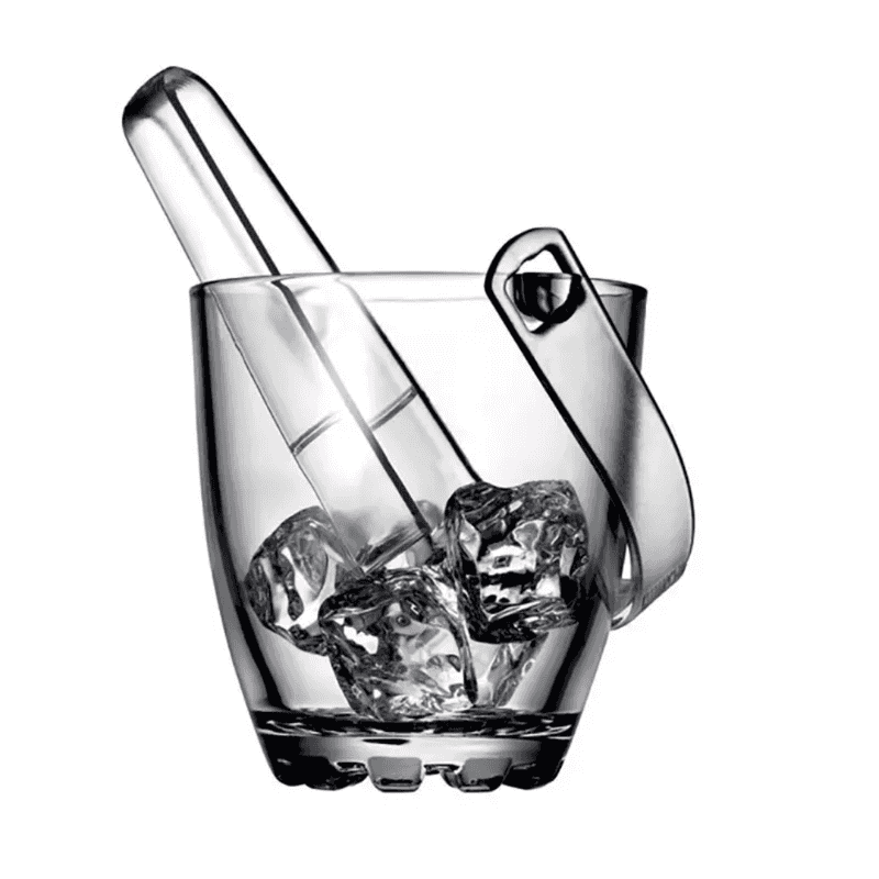 Elegant Glass Ice Bucket with Tong 700 ml, partially filled with ice, designed for stylish drink service in home barware collections.