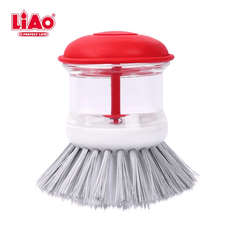 LiAO Round Scrub Brush with Dispenser featuring durable gray bristles and a red push-top for efficient kitchen cleaning and soap dispensing.