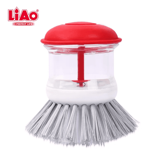 LiAO Round Scrub Brush with Dispenser featuring durable gray bristles and a red push-top for efficient kitchen cleaning and soap dispensing.