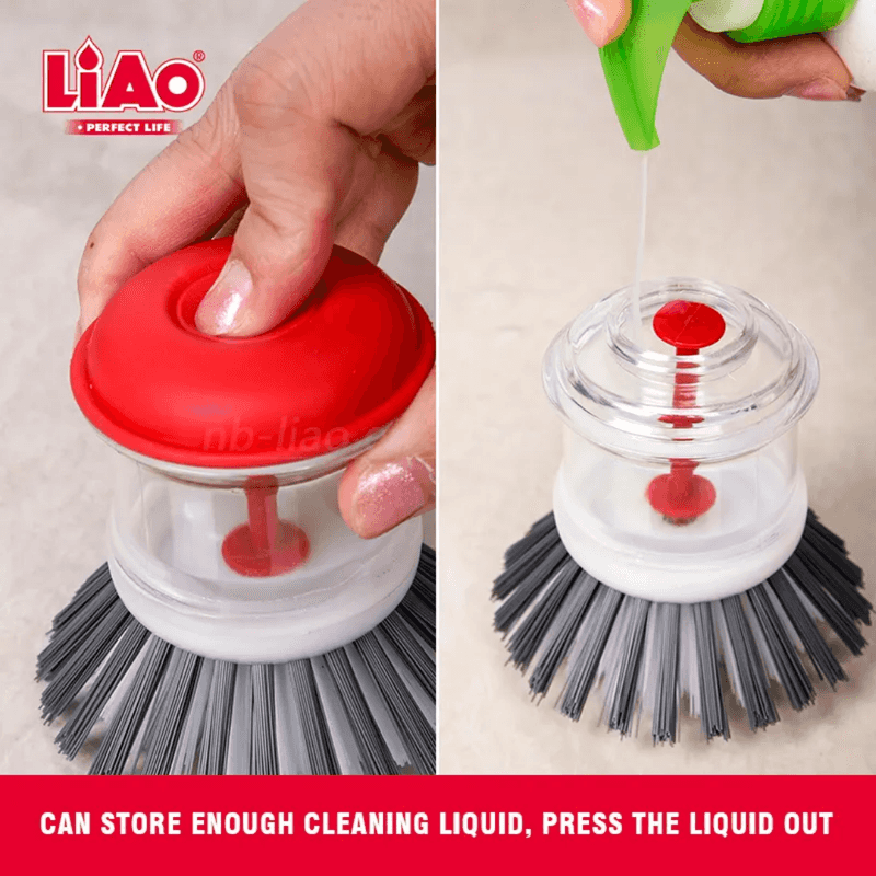 LiAO Round Hand Scrub Brush with built-in dispenser, demonstrating easy soap refill and ergonomic press-top for efficient dish and surface cleaning.