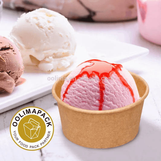 200ml Ice Cream Sundae Paper Cup filled with strawberry ice cream, food-grade kraft paper, ideal for commercial dessert presentation.