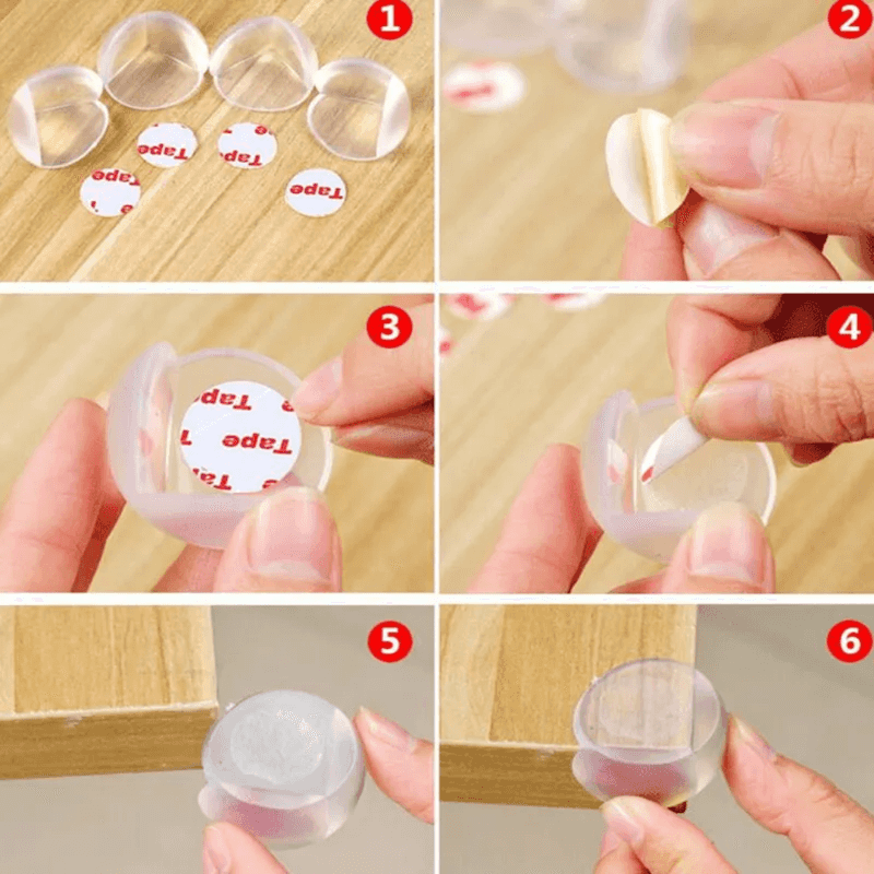 Step-by-step guide showing how to install Table Corner Protector Baby Safety 4 PCS using adhesive pads on wooden furniture corners.