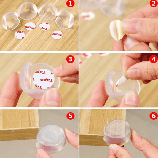 Step-by-step guide showing how to install Table Corner Protector Baby Safety 4 PCS using adhesive pads on wooden furniture corners.