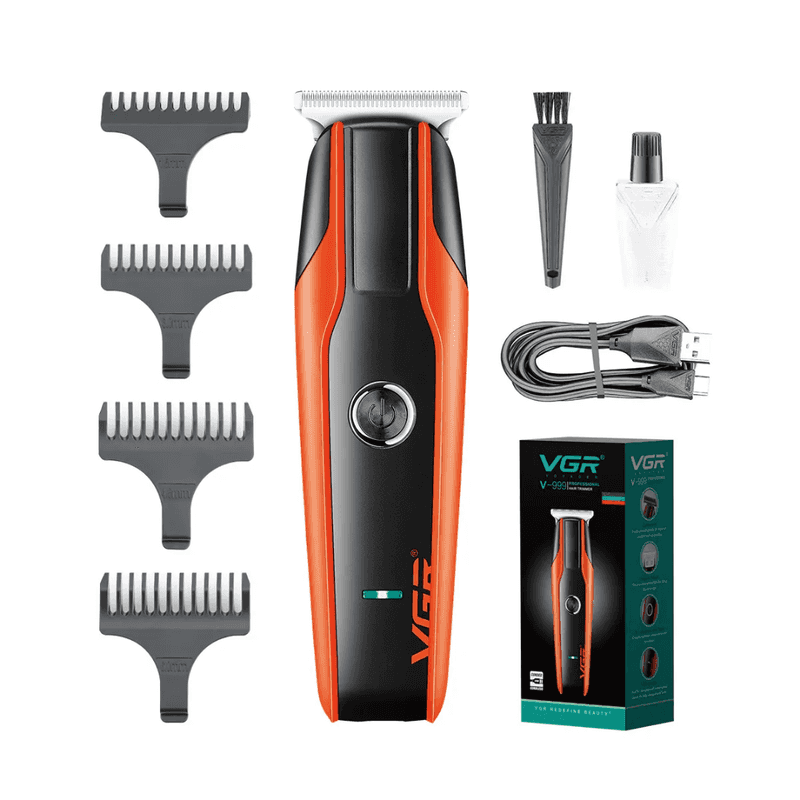 VGR V-999 Professional Rechargeable Cordless Hair Trimmer set with 4 guide combs, USB cable, cleaning brush, and oil bottle for grooming needs.