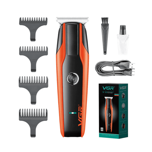 VGR V-999 Professional Rechargeable Cordless Hair Trimmer set with 4 guide combs, USB cable, cleaning brush, and oil bottle for grooming needs.