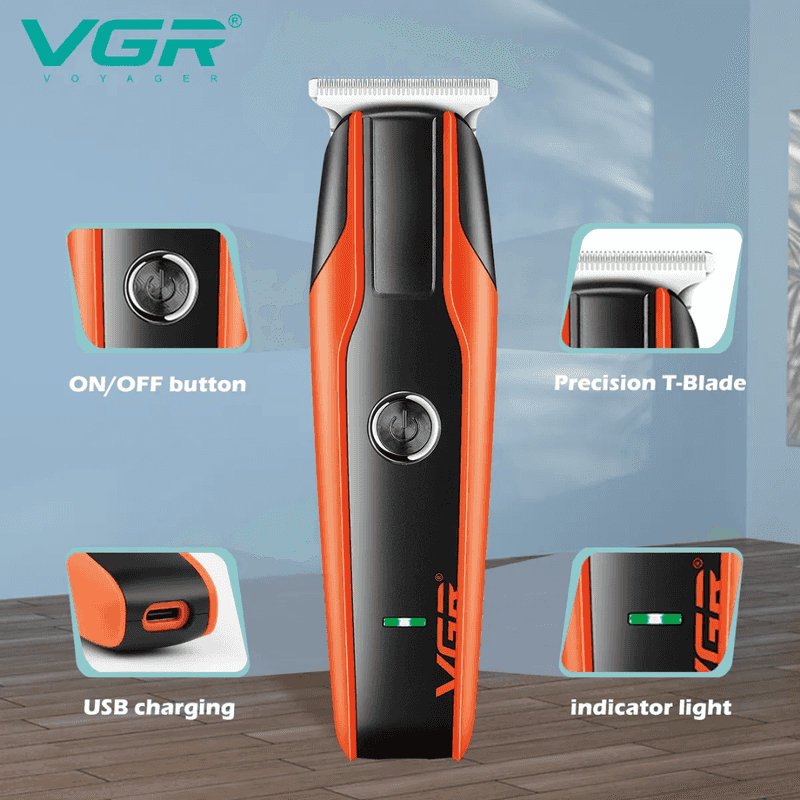 VGR V-999 Professional Rechargeable Cordless Hair Trimmer features labeled with T-blade, USB charging, ON/OFF button, and indicator light.
