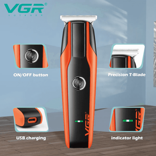 VGR V-999 Professional Rechargeable Cordless Hair Trimmer features labeled with T-blade, USB charging, ON/OFF button, and indicator light.