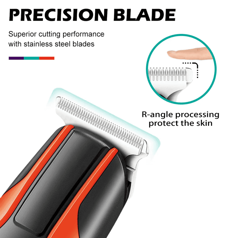 Close-up of VGR V-999 Cordless Hair Trimmer's precision stainless steel blade with R-angle design for safe and smooth grooming performance.