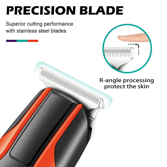 Close-up of VGR V-999 Cordless Hair Trimmer's precision stainless steel blade with R-angle design for safe and smooth grooming performance.