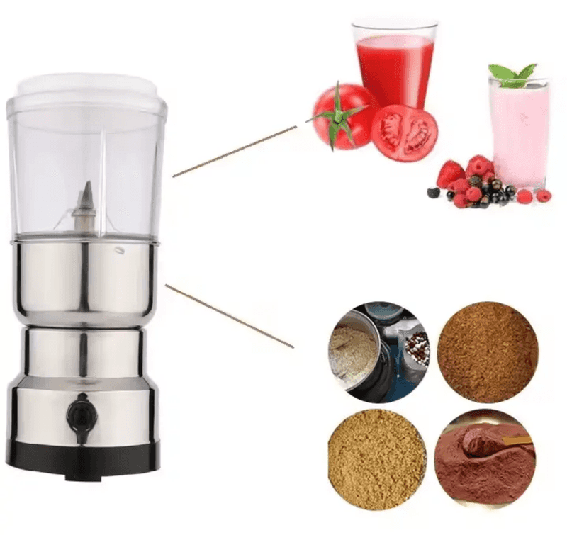 Stainless Steel Blender & Grinder Combo - 2-in-1 Juice | Blend & Grind shown with juice and spice results, ideal for smoothies and fine grinding.
