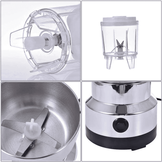 Close-up views of Stainless Steel Blender & Grinder Combo parts including sharp blades, durable base, and transparent jar for efficient blending.
