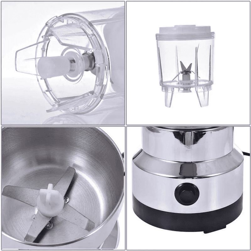 Close-up views of Stainless Steel Blender & Grinder Combo parts including sharp blades, durable base, and transparent jar for efficient blending.