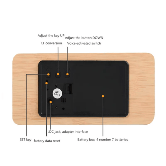 Back view of Wooden LED Digital Clock showing control buttons, battery compartment, and adapter interface for flexible power options.