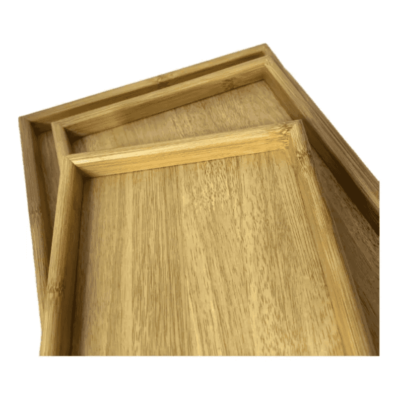 Close-up of 3PCS Wooden Serving Tray Set showing smooth bamboo finish and raised edges, perfect for stylish food presentation.