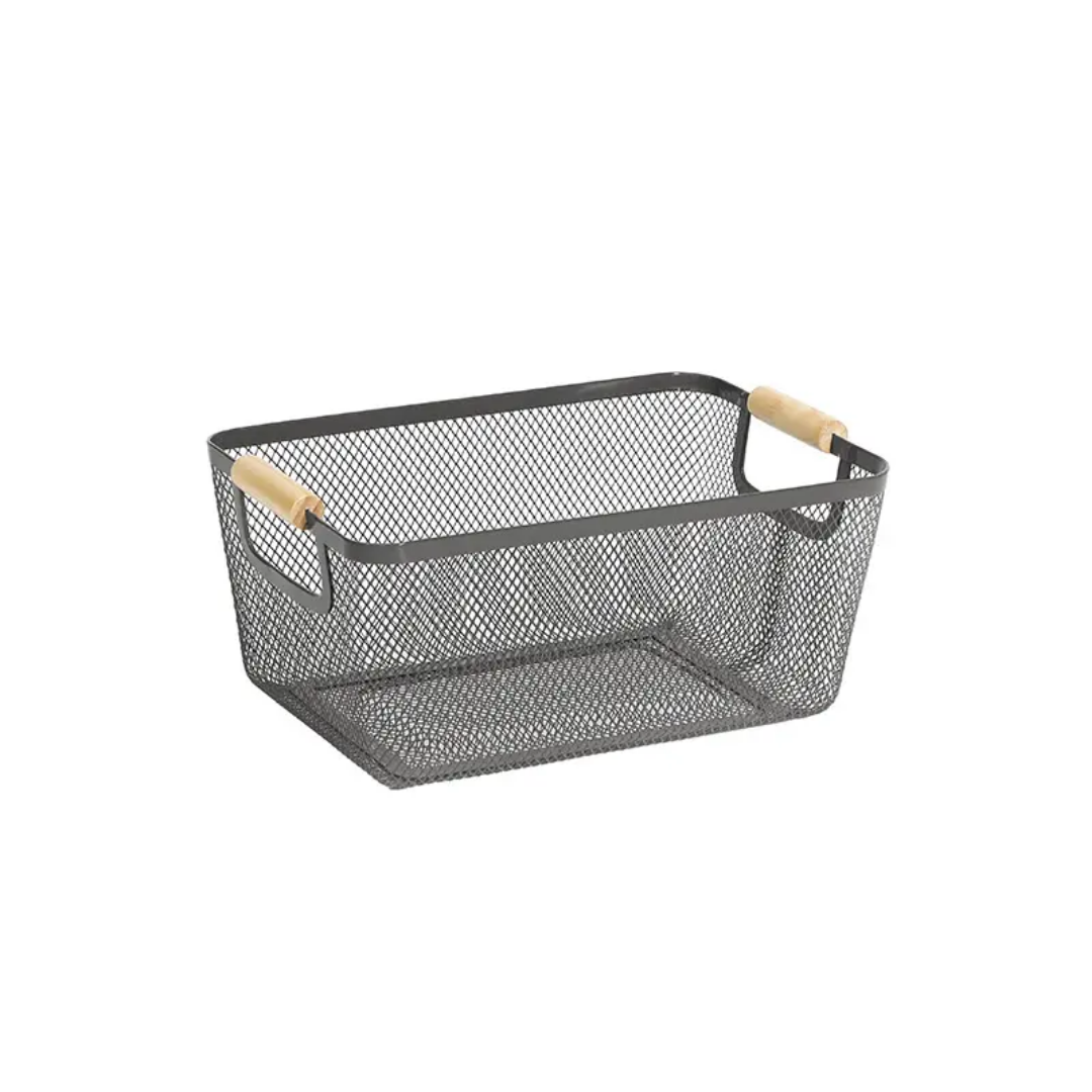 Rectangular Metal Wire Mesh Basket with Wooden Handle