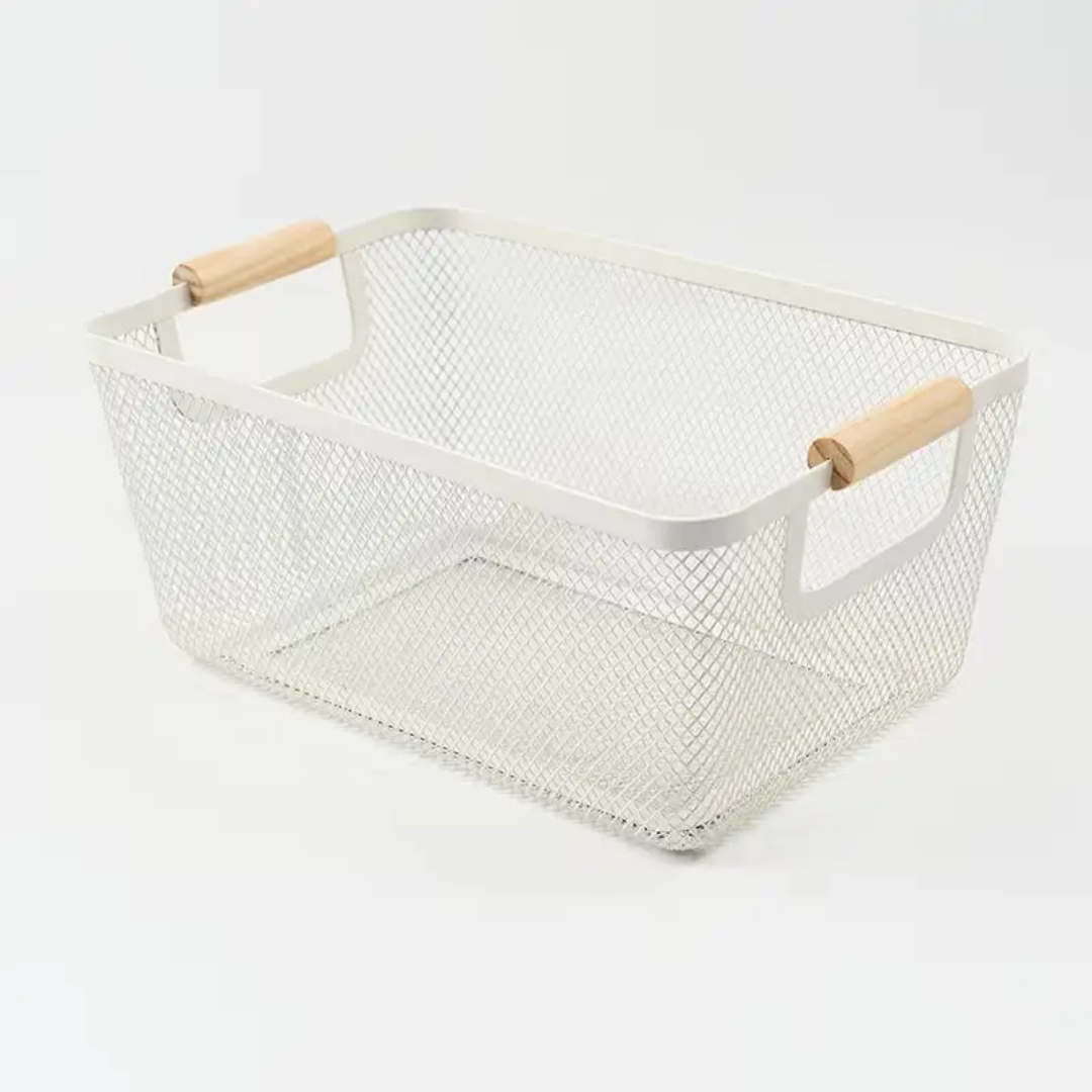 Rectangular Metal Wire Mesh Basket with Wooden Handle