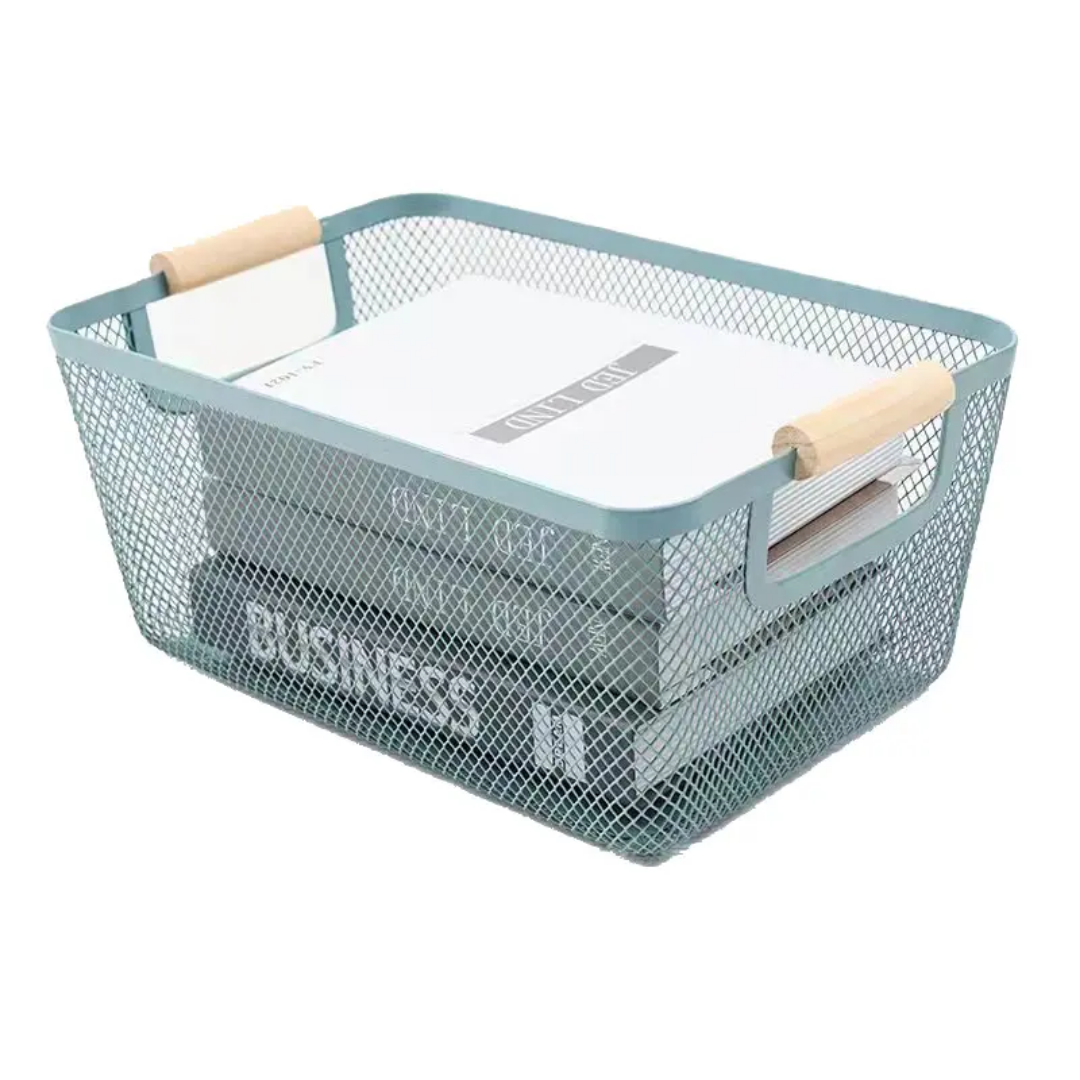 Rectangular Metal Wire Mesh Basket with Wooden Handle