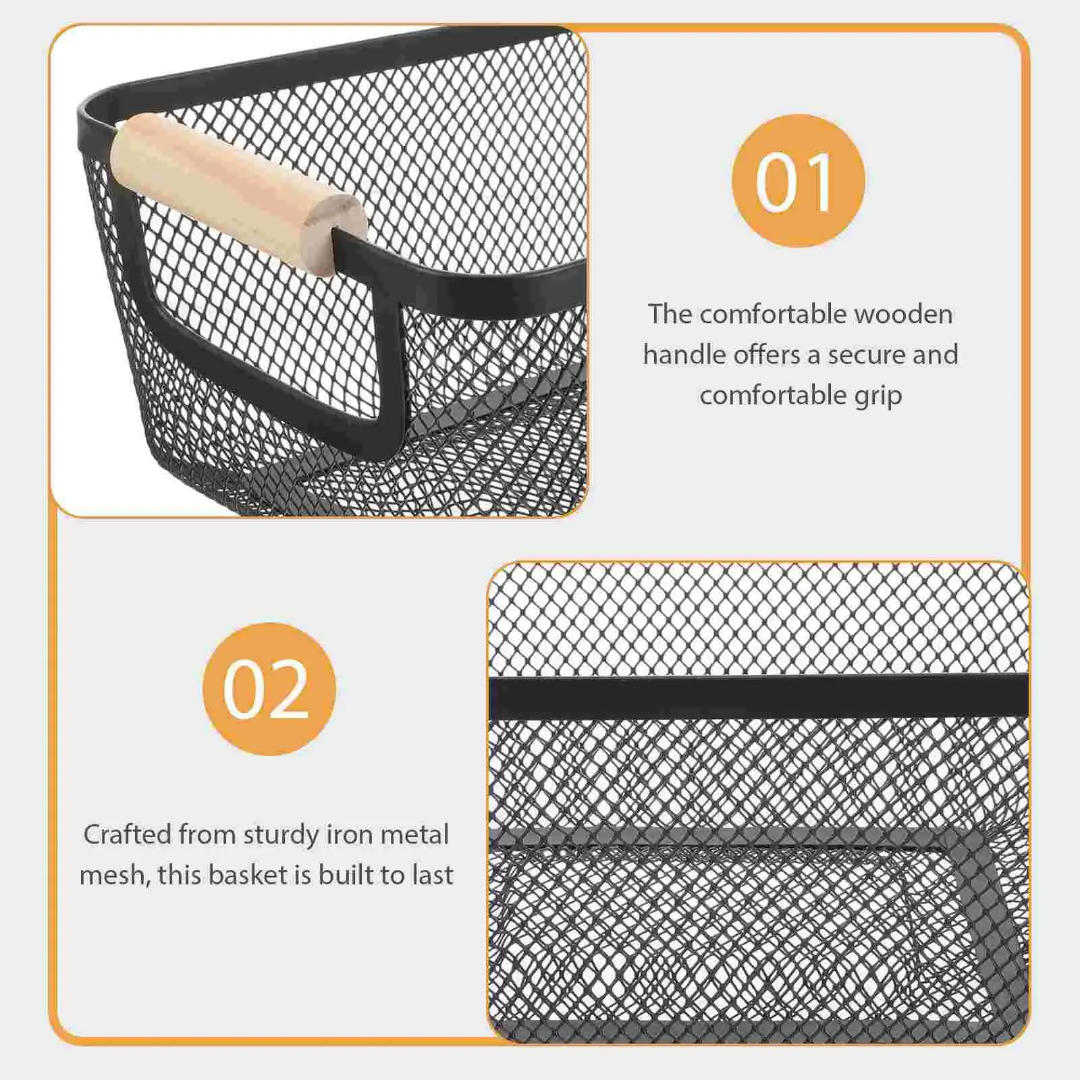Rectangular Metal Wire Mesh Basket with Wooden Handle