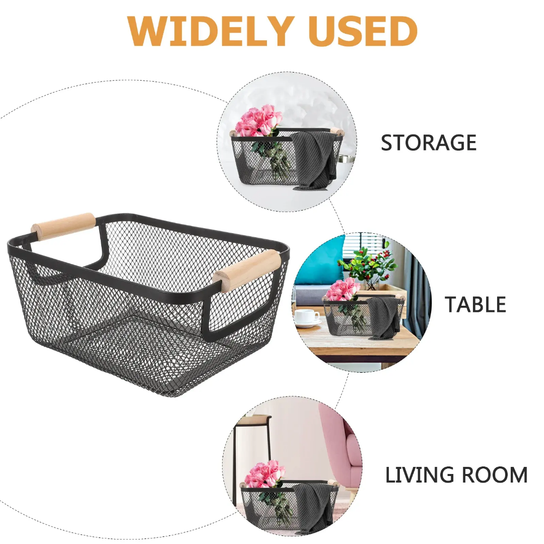 Rectangular Metal Wire Mesh Basket with Wooden Handle