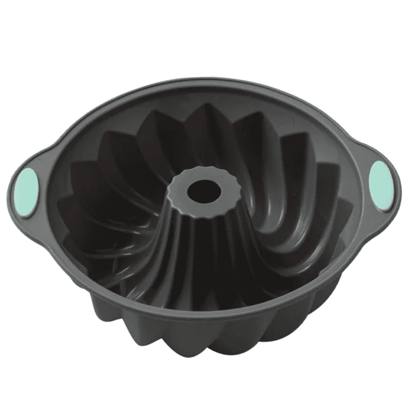 3D spiral silicone cake mold with non-stick surface and easy-grip handles, ideal for even baking and professional cake designs.