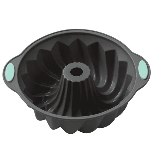 3D spiral silicone cake mold with non-stick surface and easy-grip handles, ideal for even baking and professional cake designs.