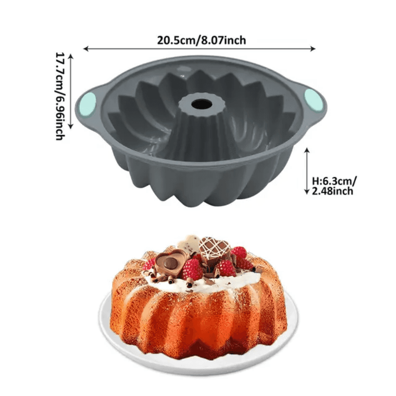 3D spiral silicone cake mold with dimensions and sample cake, showcasing non-stick design for easy release and decorative baking results.