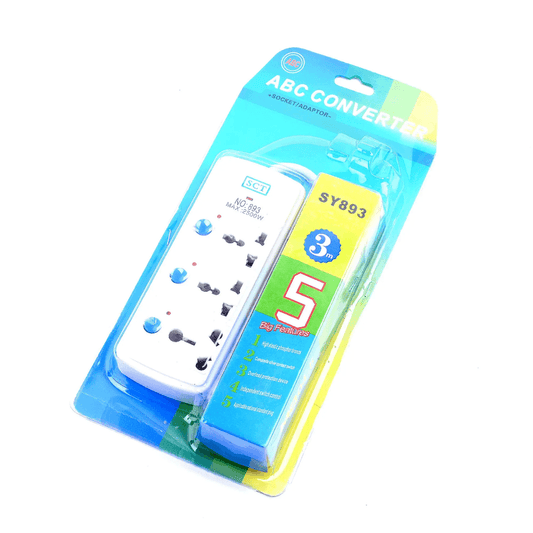 3-Port Extension Cord - Electric 3-Port Extension Sri Lanka with 5m cable and 3 independent switches in retail packaging for home and office use