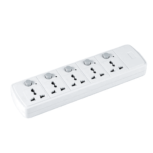 White 5 port electric extension cord with individual safety switches, designed for efficient power distribution in home and professional settings.