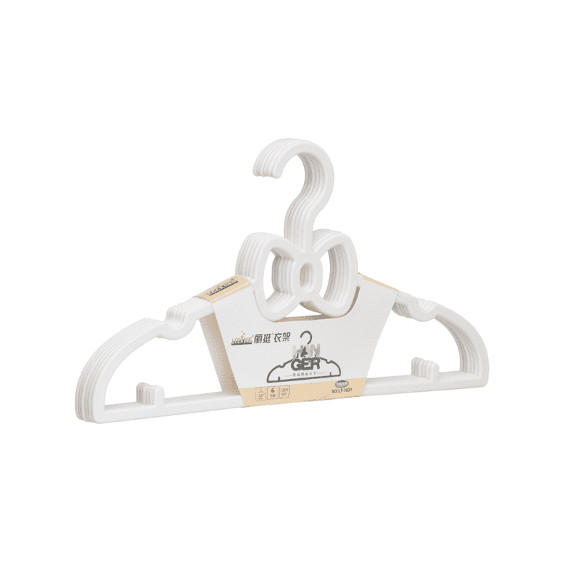 White plastic baby hanger with bow accent, part of 5PCS set for organizing infant clothes in closets, sturdy and space-saving.