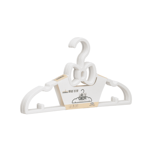 White plastic baby hanger with bow accent, part of 5PCS set for organizing infant clothes in closets, sturdy and space-saving.
