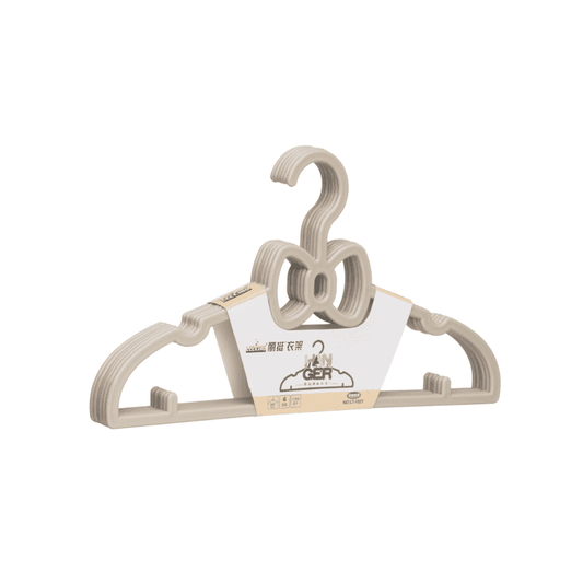 Beige baby clothes plastic hanger from 5PCS set with bow design, ideal for organizing newborn to toddler outfits in slim closet spaces.