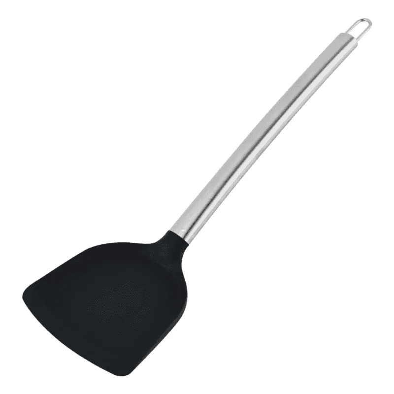 Silicone Spatula Turner with Steel Handle for non-stick cookware, featuring a black flexible blade and ergonomic stainless steel grip.
