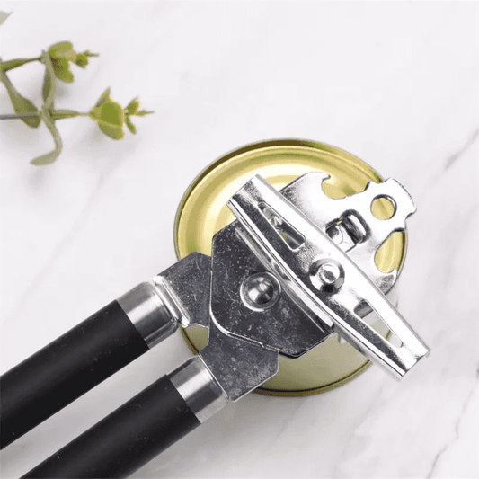 Classic Multifunction Can Opener for Kitchen in use on a tin can, showing precise cutting mechanism and durable stainless steel construction.