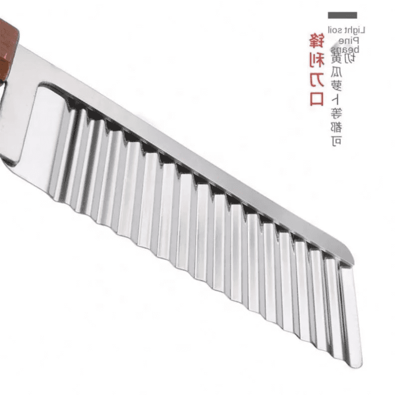 Close-up of Stainless Steel Crinkle Knife blade showing sharp, durable wavy edge design for uniform slicing in kitchen prep.